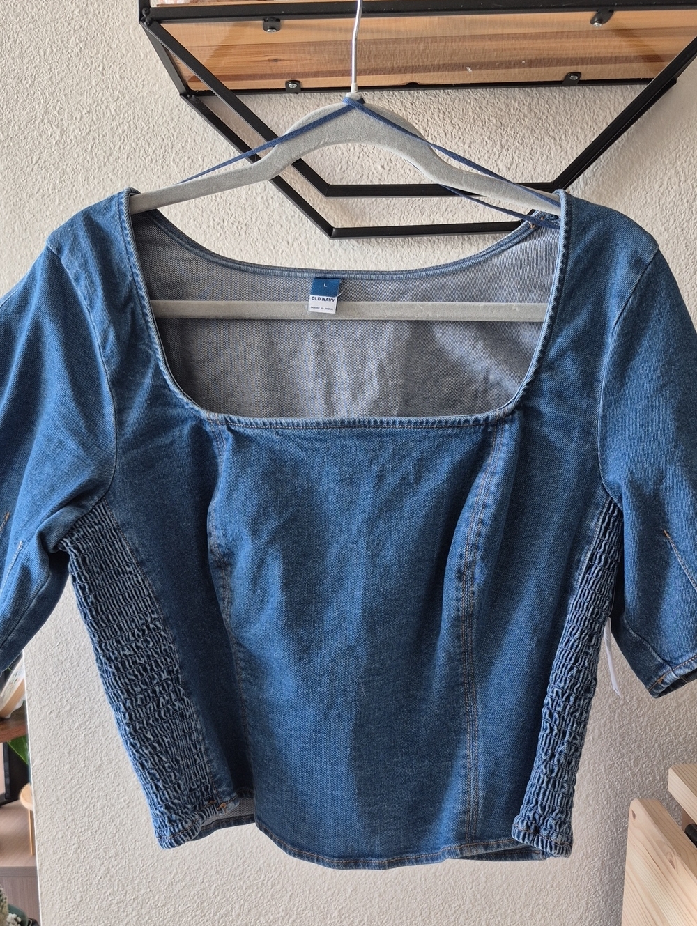 Old Navy Blue Denim Square-Neck Crop Top with Smocked Sides